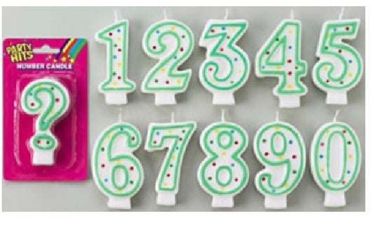 Green/White  Number Candles - Numbers 0 to 9 Plus Question Mark