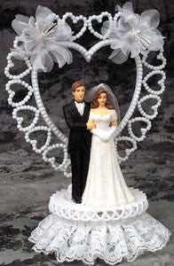 Wedding Cake Topper - E780 -  Bride & Groom, Hearts & Flowers Topper