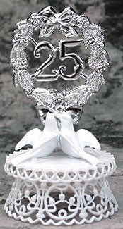 Anniversary Cake Topper - E25-  Silver Anniversary with Doves
